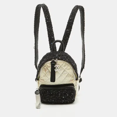 Pre-owned Chanel /offquilted Satin And Tweed Sequins Mini Backpack In White