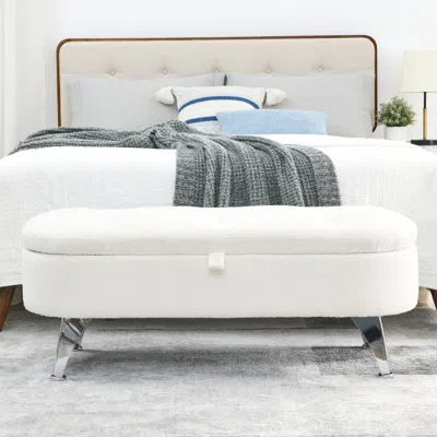 Simplie Fun Length 45.5 Inches Storage Ottoman Bench Upholstered Fabric Storage Bench End Of Bed Stool In White