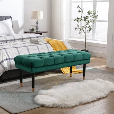 Simplie Fun Tufted Bench Modern Velvet Button Upholstered Ottoman Benches Bedroom Rectangle Fabric Footstool In Green