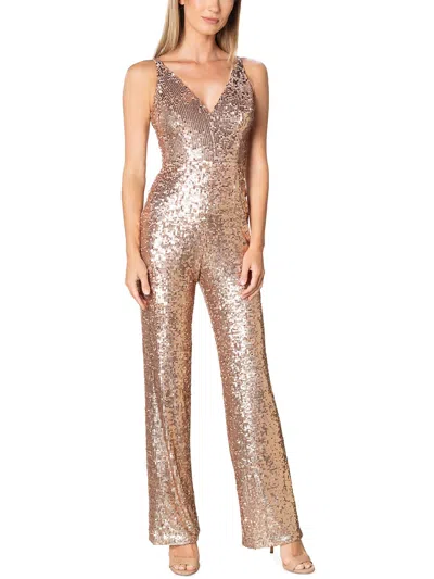 Dress The Population Womens V Neck Sequined Jumpsuit In Multi