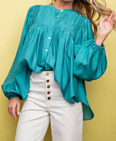 Easel Shiny Crepe Woven Button Down Top - Teal In Blue