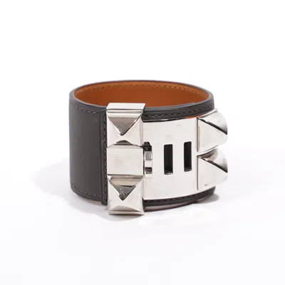 Pre-owned Hermes Collier De Chien Bracelet / Silver Leather Small In Black
