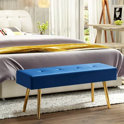 Simplie Fun Long Bench Bedroom Bed End Stool Bed Benches Dark Blue Tufted Velvet