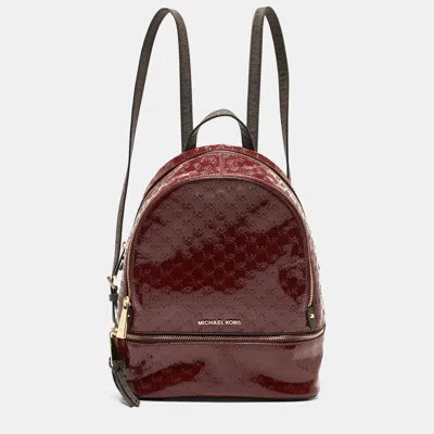 Michael Kors Signature Embossed Patent Leather And Coated Canvas Rhea Backpack In White
