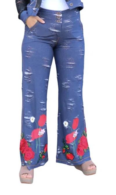 Petit Pois By Viviana G Falling For Floral Bottoms In Dark Wash In Blue