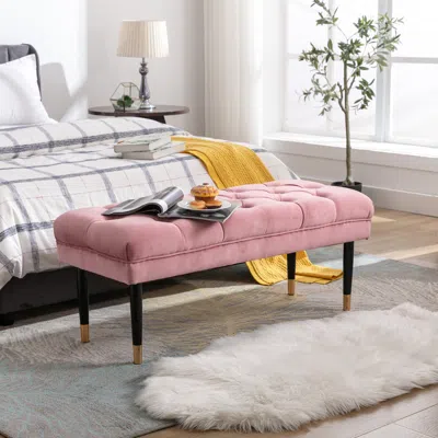 Simplie Fun Tufted Bench Modern Velvet Button Upholstered Ottoman Benches Bedroom Rectangle Fabric Footstool In Pink