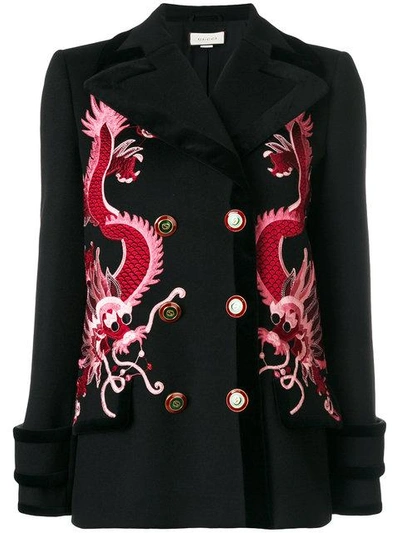 Gucci Dragon Embroidered Wool Coat In Black/pink