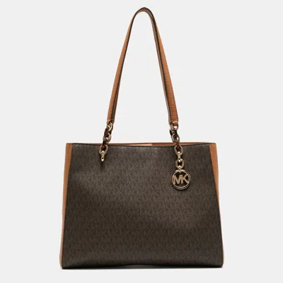 Michael Kors Tow Tone Signature Coated Canvas And Faux Leather Large Sofia Tote In Brown