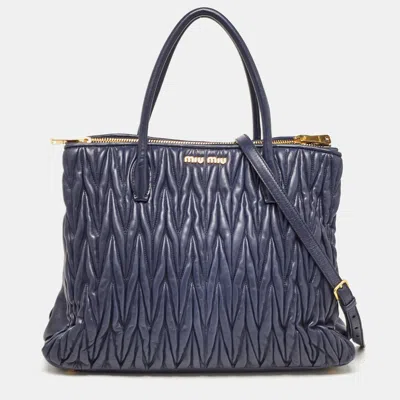 Miu Miu Navy Matalasse Leather Tote In Blue