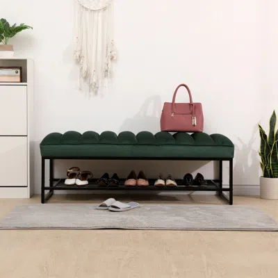 Simplie Fun Green Velvet Channel Tufted Ottoman Bench Accent Upholstered Bendroom End Of Bed Bench In Multi