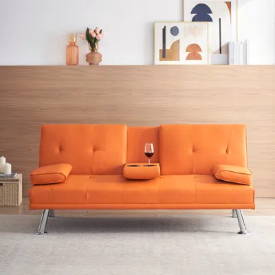 Simplie Fun 67" Orange Leather Multifunctional Double Folding Sofa Bed For Office