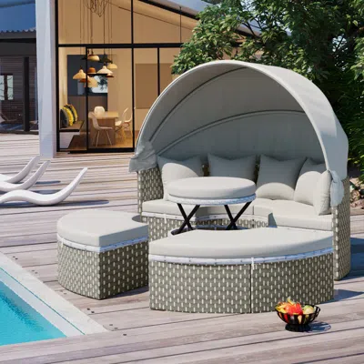 Simplie Fun Patio Furniture Round Outdoor Sectional Sofa Set Rattan Daybed Two-tone Weave Sunbed In Gray