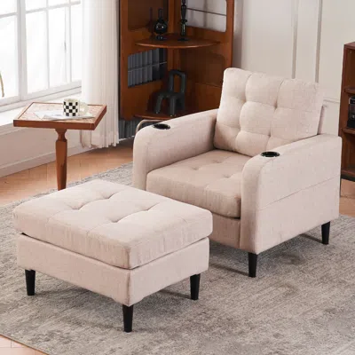 Simplie Fun Beige Upholstered Armchair And Storage Ottoman Set - Comfortable Single Sofa In Neutral