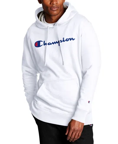 Champion Men's Script Logo Powerblend Hoodie In White