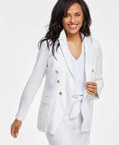 Inc International Concepts Petite Linen-blend Double-breasted Blazer, Created For Macy's In Bright White