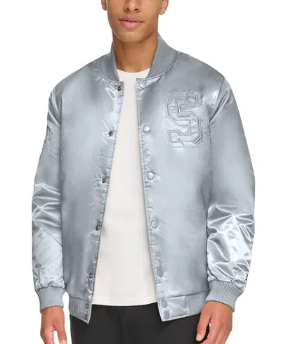 Starter Men's Classic-fit Tonal Satin Varsity Bomber Jacket In Silver