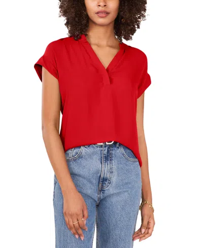 Vince Camuto Women's Solid Split Neck Short Sleeve Blouse In Tulip Red