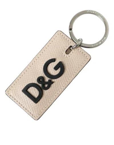 Dolce & Gabbana Beige Calf Leather Dg Logo Silver Brass Keyring Keychain