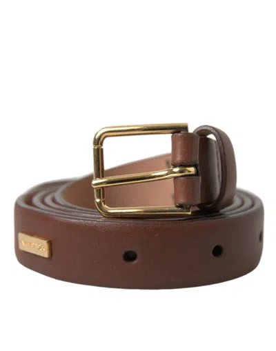 Dolce & Gabbana Brown Calf Leather Gold Metal Buckle Belt