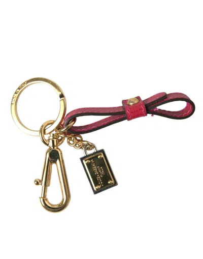 Dolce & Gabbana Red Calf Leather Gold Metal Logo Plaque Keyring Keychain
