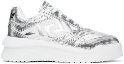 Versace Silver & White Metallic Greca Oddisea Sneakers In 2ed50-silver+white