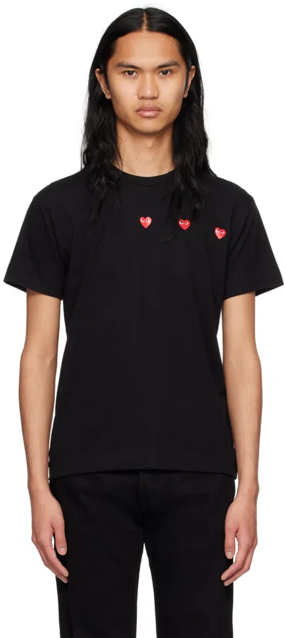 Comme Des Garçons Play Triple Hearts Cotton T-shirt In Black