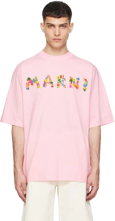 Marni Floral Logo-print Cotton T-shirt In Pink