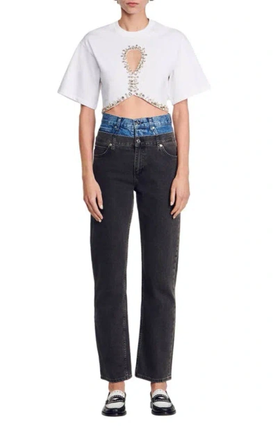 Sandro Crystal-embellished Cropped T-shirt In 白色