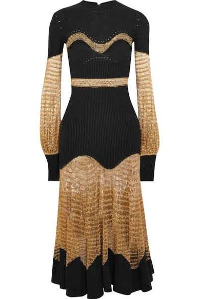 Alexander Mcqueen Metallic Open-knit And Ribbed Wool-blend Midi Dress In Black Gold