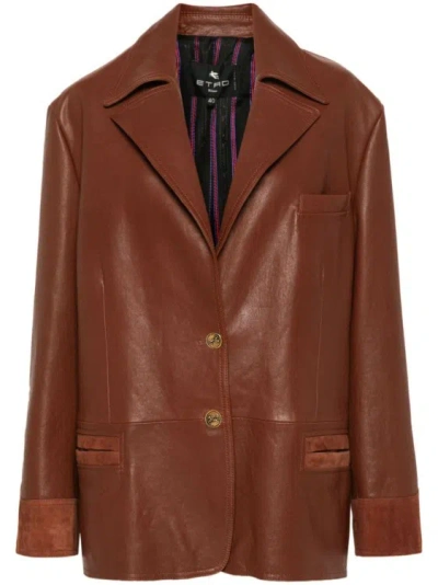 Etro Pegaso-motif Leather Jacket In Brown