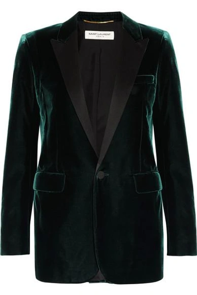 Saint Laurent Satin-trimmed Velvet Tuxedo Blazer In Green