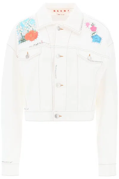 Marni "cropped Denim Jacket With Flower Patches And Embroidery" In White