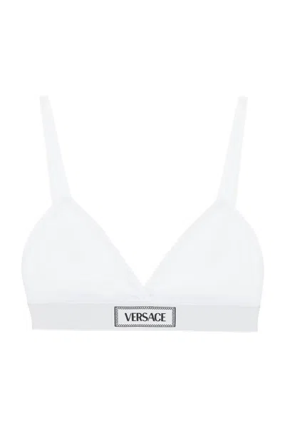 Versace Logo Ribbed Cotton Triangle Bra In White