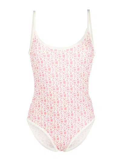Moncler Logo Print Swimsuit In Nude & Neutrals