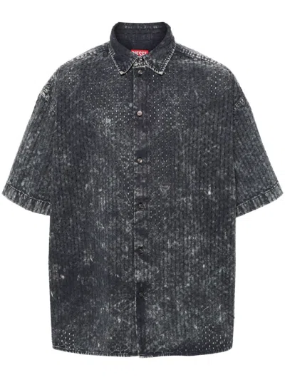 Diesel Perforated Acid-wash Short-sleeve Shirt In Black