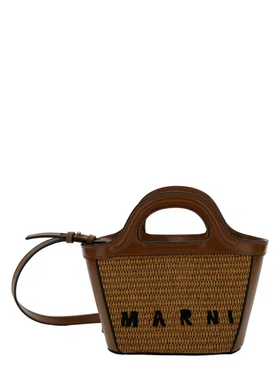 Marni Tropicalia Micro Brown Handbag With Logo Lettering Detail In Leather And Rafia Effect Fabric Woman In Beige