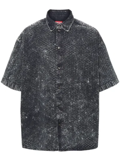 Diesel Perforated Acid-wash Short-sleeve Shirt In Grey