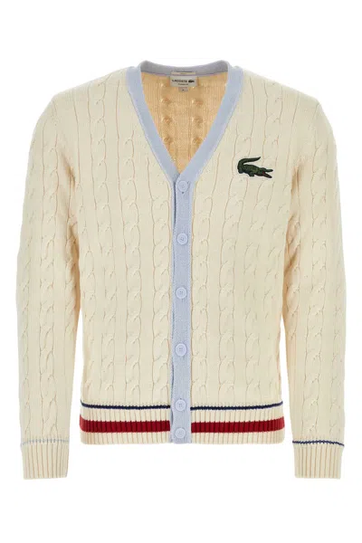 Lacoste Logo-patch Cable-knit Cardigan In White