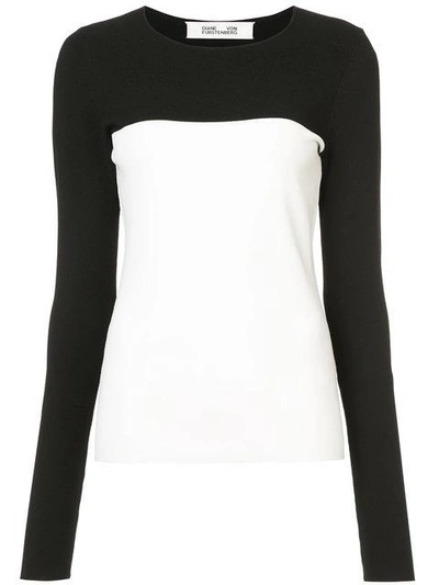 Diane Von Furstenberg Colorblocked Fitted Pullover Wool-knit Sweater In Black/ivory