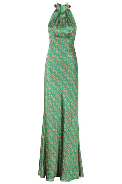 Saloni Michelle Velvet-trimmed Floral-print Hammered Silk-satin Maxi Dress In Green