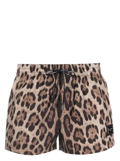 Dolce & Gabbana Short Leopard-print Swim Trunks With Plate In Leo New