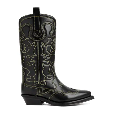 Ganni Embroidered Leather Cowboy Boots In Black
