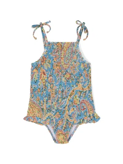 Etro Kids' Paisley-print Shirred Swimsuit In Blue