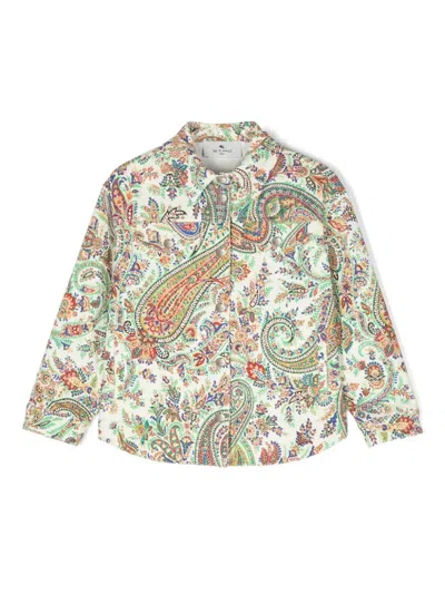 Etro Kids' White Denim Jacket With Multicolour Paisley Pattern