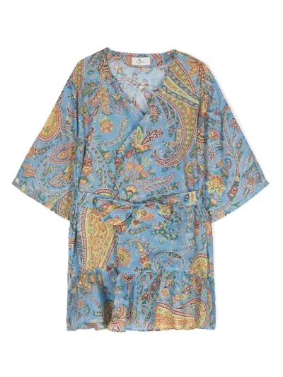 Etro Kids' Paisley-print Wrap Dress In Blue