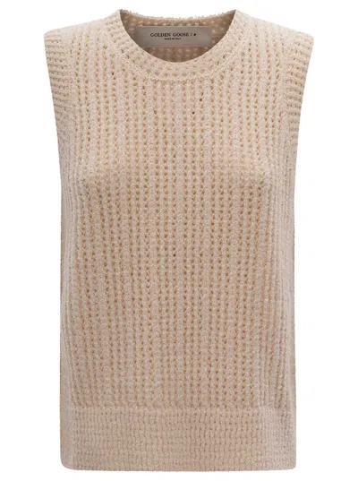 Golden Goose Beige Crochet Sleeveless Top In Cotton Blend Woman In Neutrals
