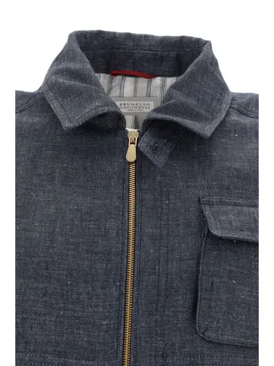 Brunello Cucinelli Men's Denim Effect Linen Outerwear Jacket With Chest Pocket In Black