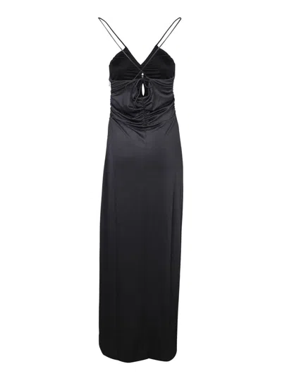 Ganni Maxi Black Dress With Drawstring And Criss-cross Straps In Jersey Woman