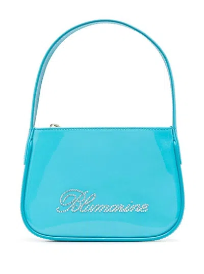 Blumarine Light Blue- Patent Finish Mini Bag With Rhinestone-embellished Logo In Calf Leather Woman