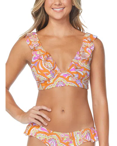 Raisins Juniors' Cannes Printed Ruffled Bikini Top In Orange